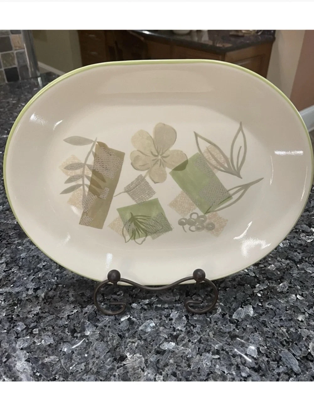 Corelle Textured Leaves Serving Platter 12 inch Oval Cream w/Green Floral Motif